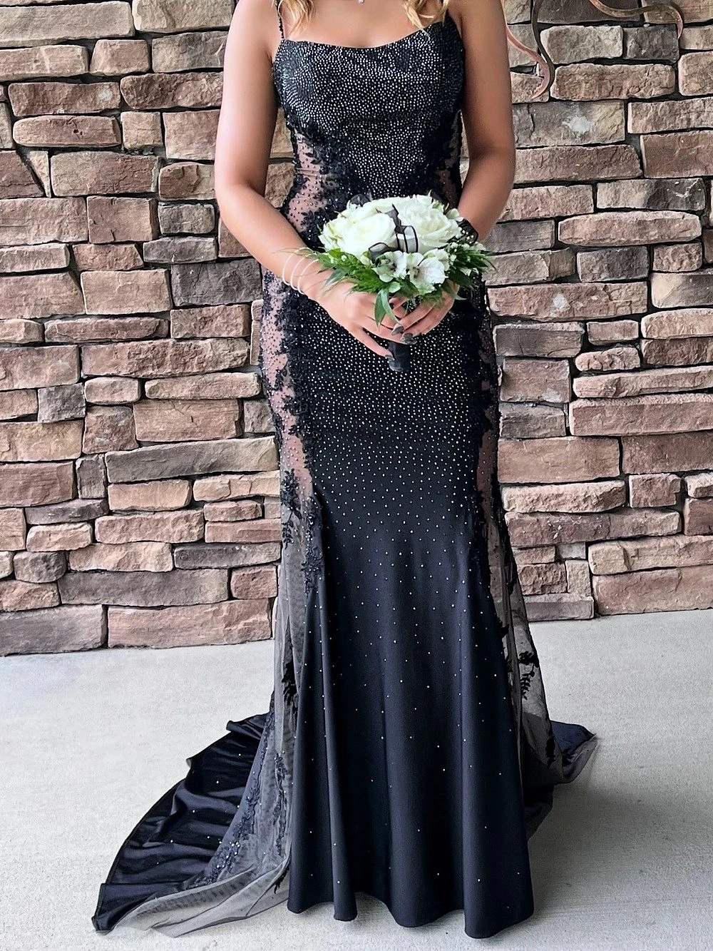 Black Sequin, Stone and Lace Maxi Gown Like New
